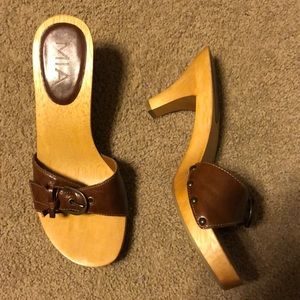 Brown wood heel with buckle